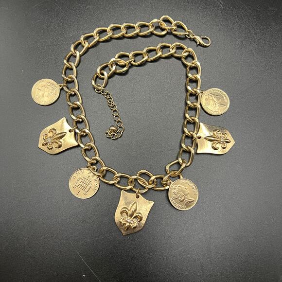 Gold tone charm coins necklace Fleur De Leis shield Queen Elizabeth statement - Picture 3 of 7